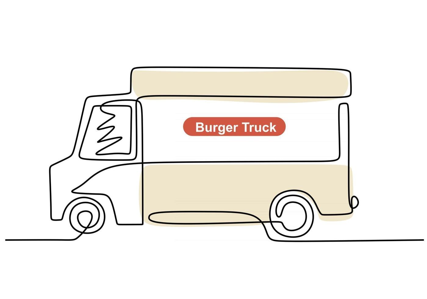 Single continuous line of burger food truck. Burger truck in one line style isolated on white background. vector