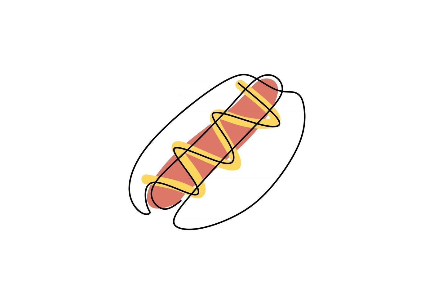 Single continuous line of a hotdog with brown sausage. Big hotdog with brown sausage in one line style isolated on white background. vector