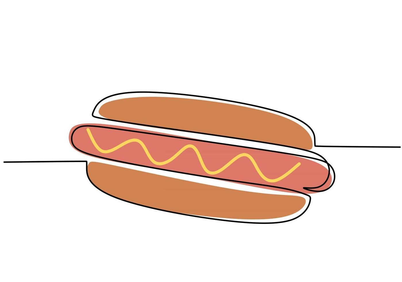 Single continuous line of a Big brown hotdog with sausage. Big brown hotdog with sausage in one line style isolated on white background. vector