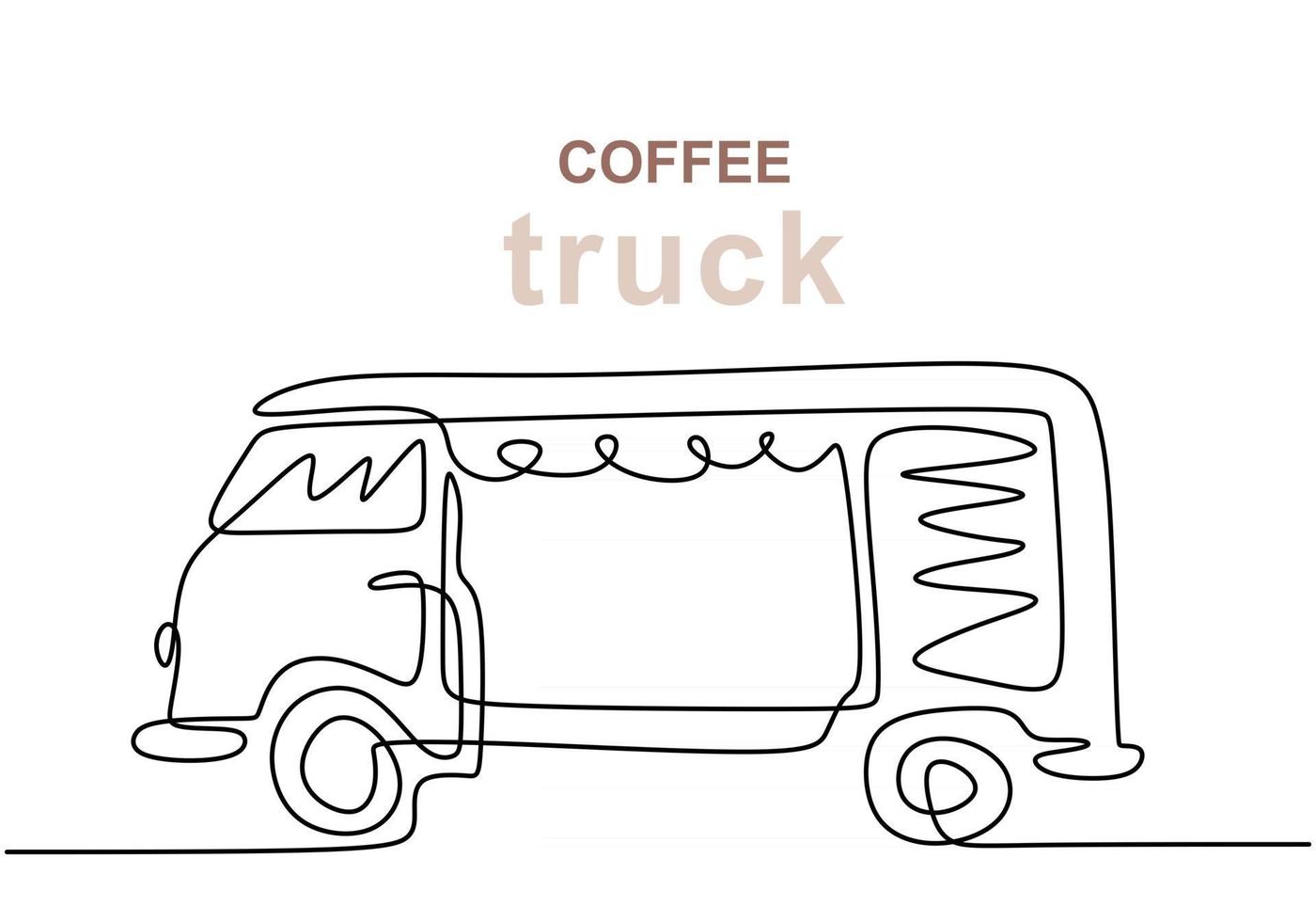 Single continuous line of coffee food truck. Coffee food truck in one line style isolated on white background. vector