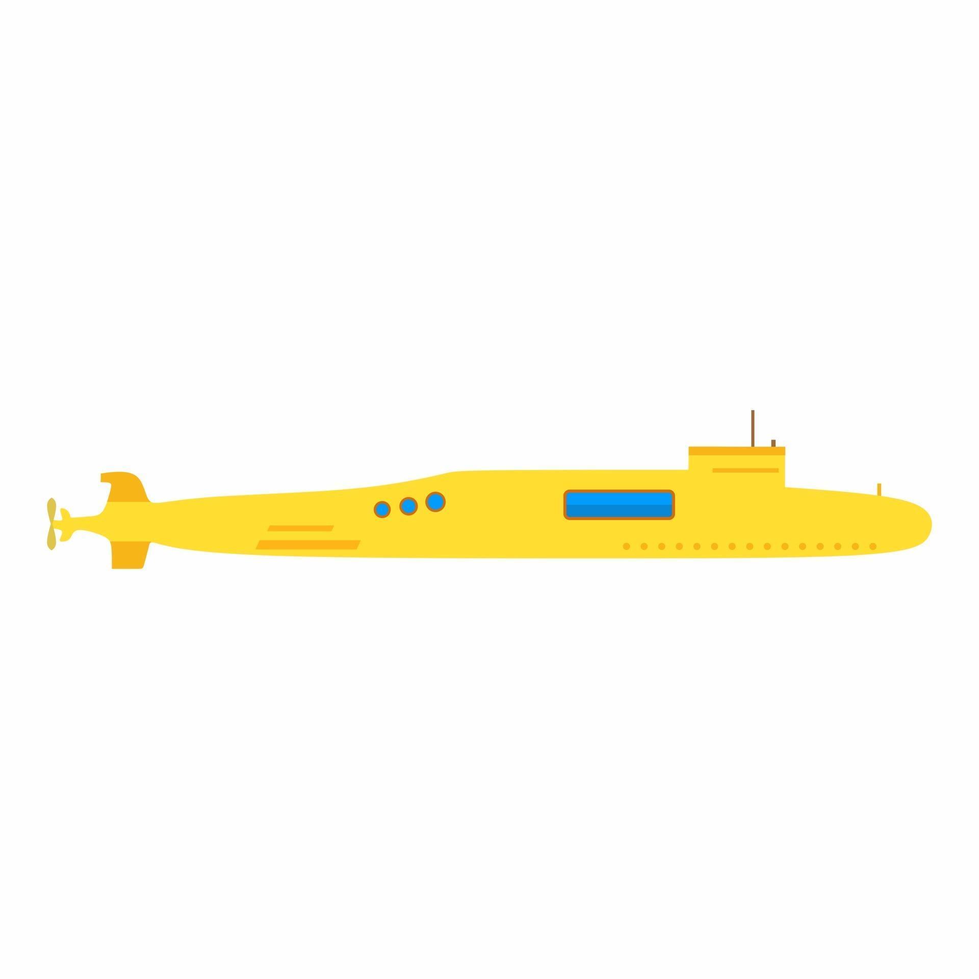 Yellow submarine in flat element style isolated on white background