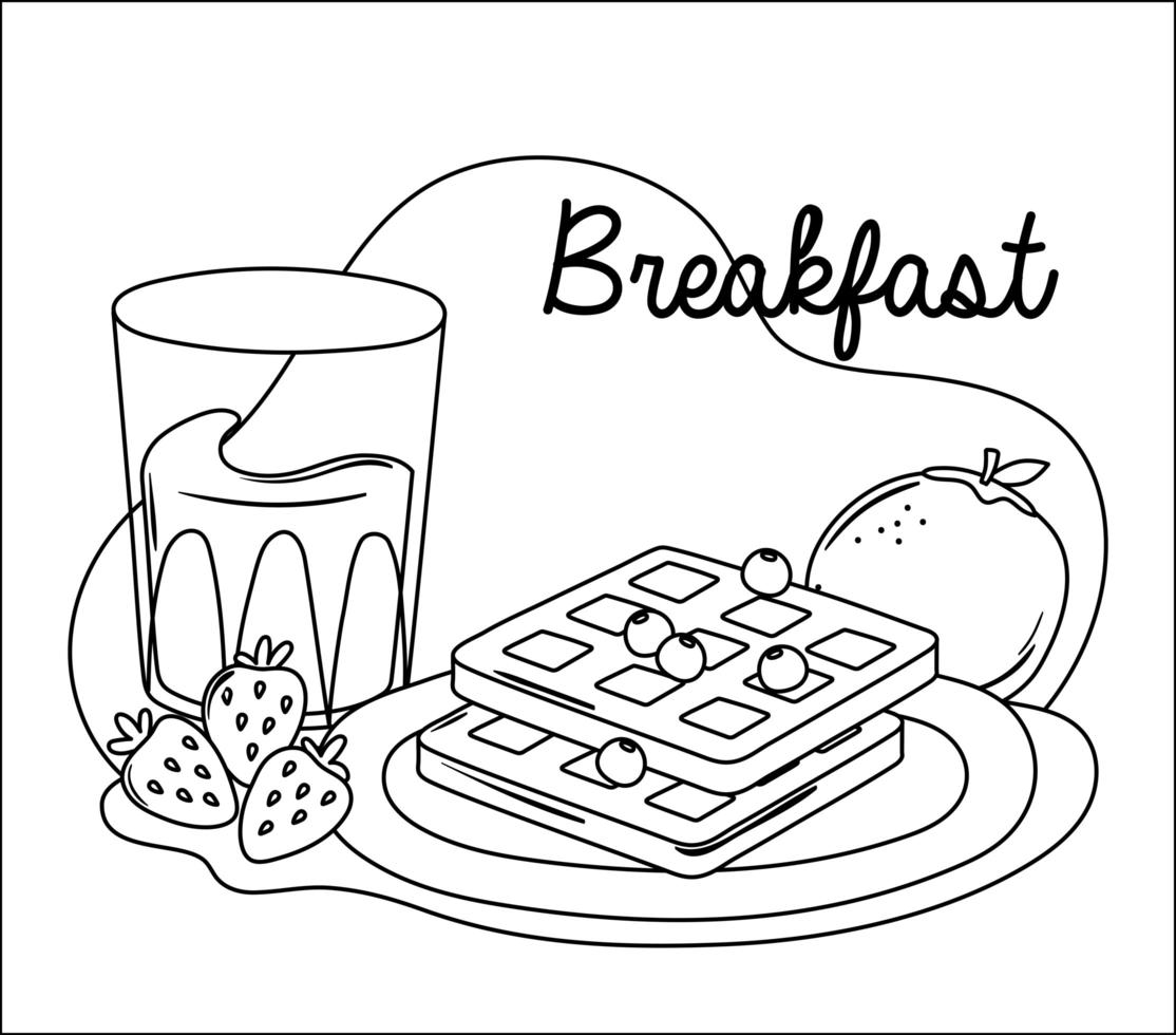 breakfast waffle orange juice and strawberries delicious food cartoon line style vector