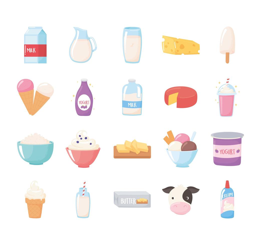 leche productos lácteos conjunto de iconos de dibujos animados botella caja queso mantequilla batido helado vector