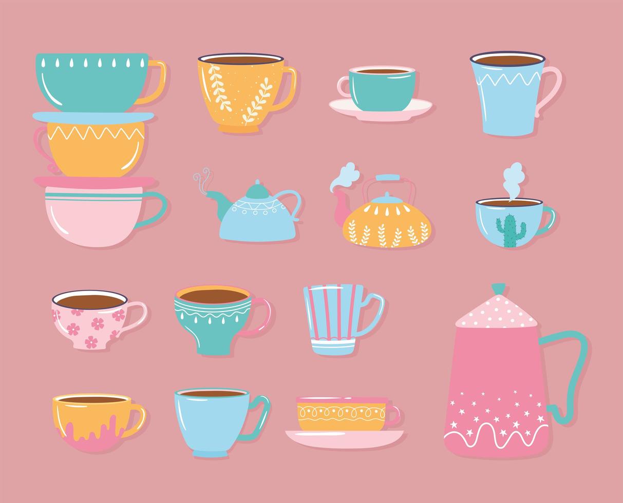 tea and coffee teapot kettles cups decorative for hot beverages vector