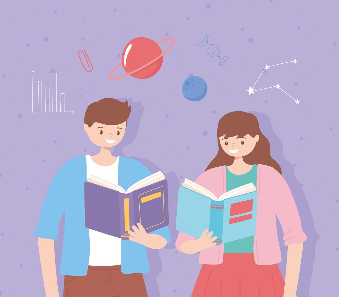 people with books reading and studying education vector