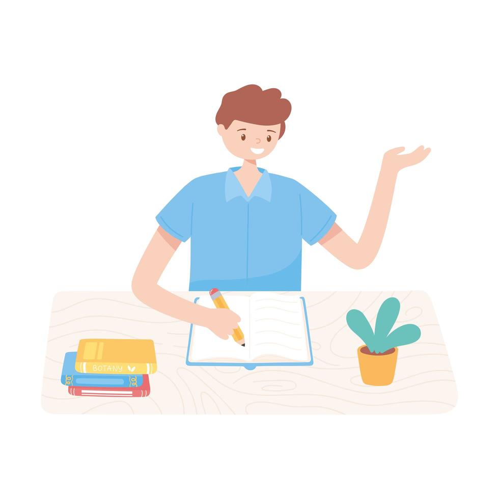 boy with pencil and textbooks reading and studying education vector