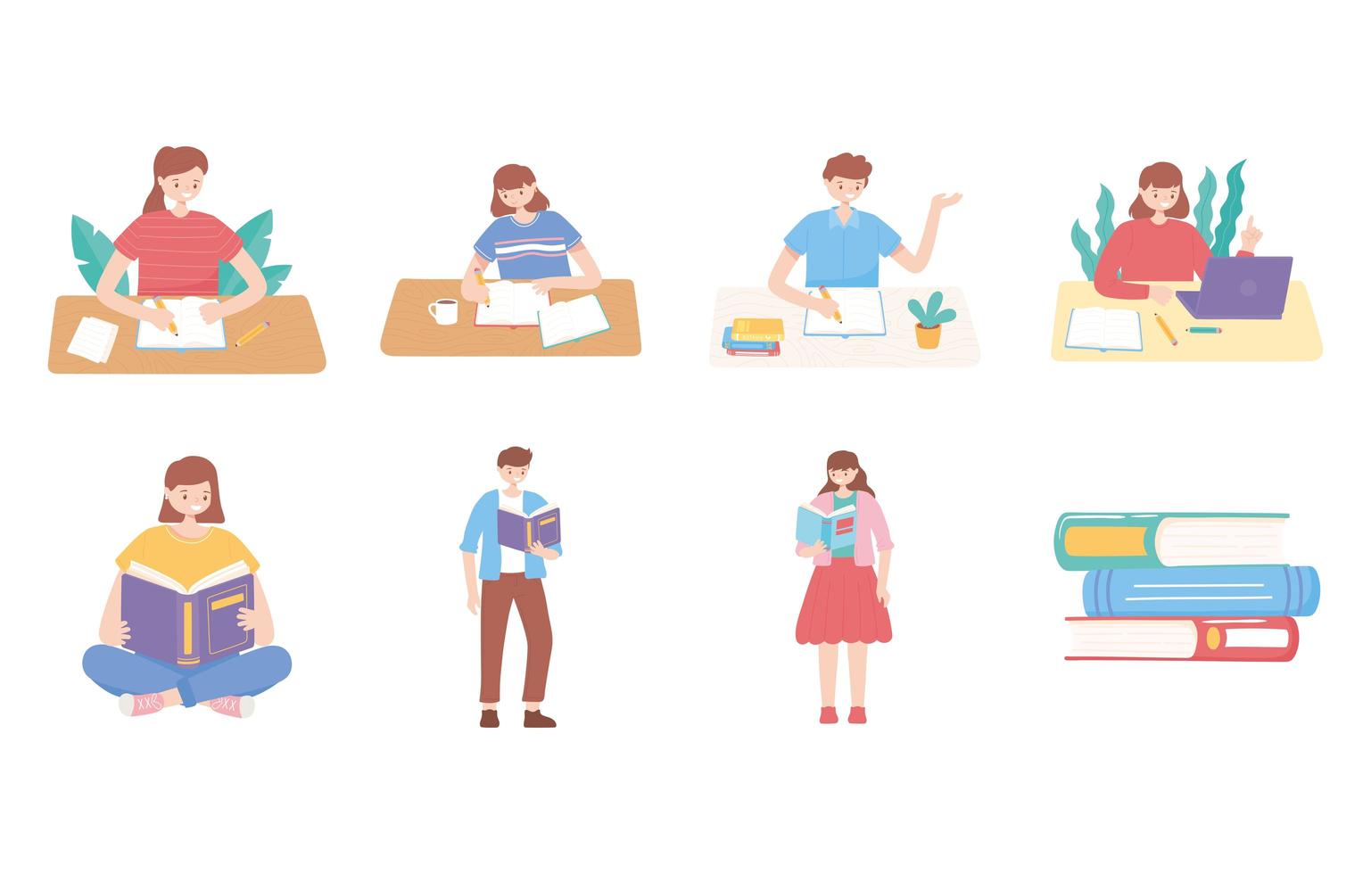 set of students holds books reading and studying education vector