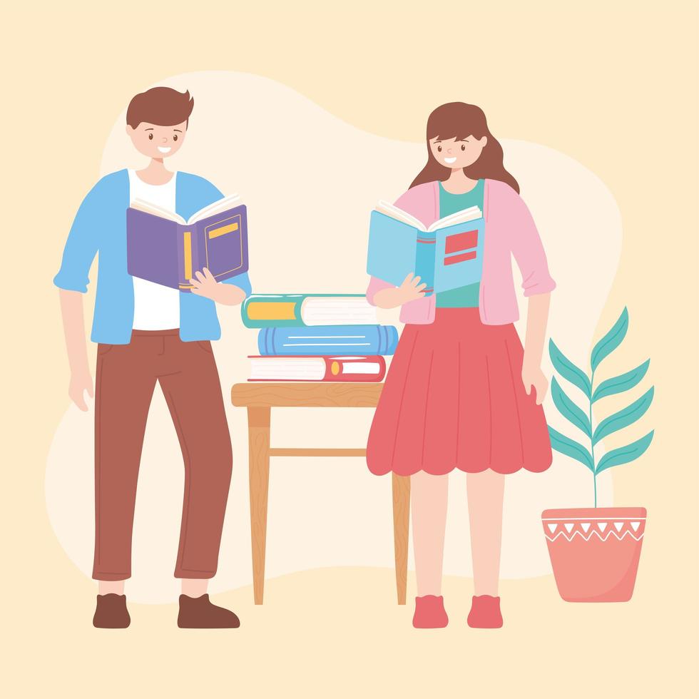 boy and girl with books reading and studying education vector