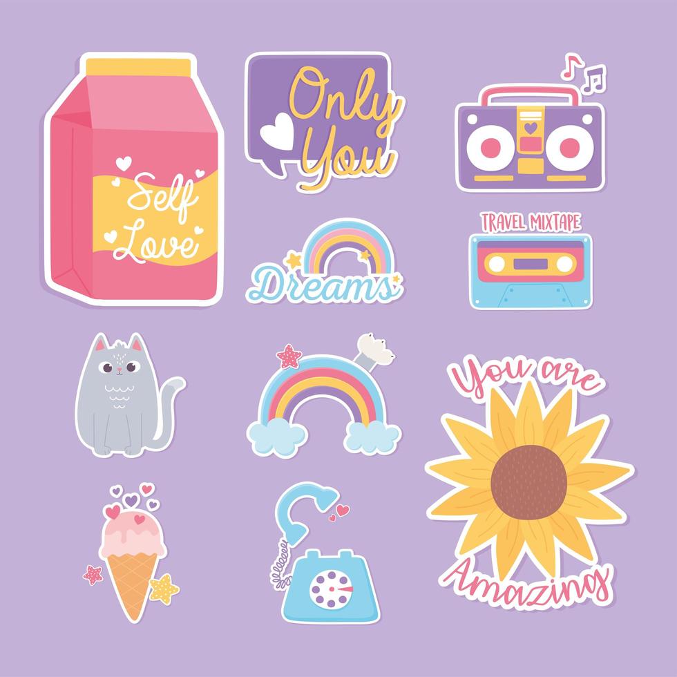 pegatinas decoracion dibujos animados iconos flor arcoiris gato helado vector