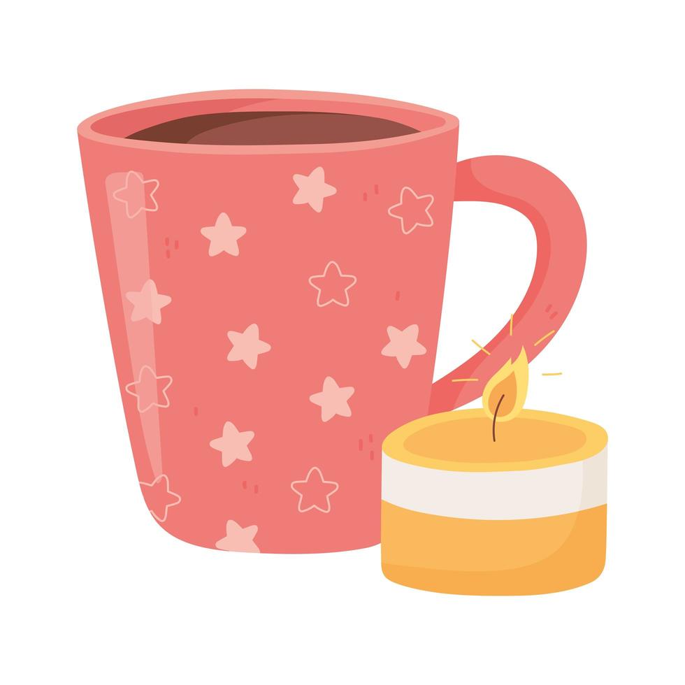 taza de café y vela, estilo higge de dibujos animados vector