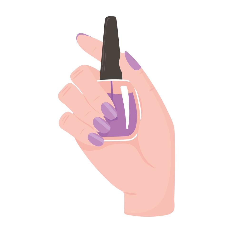manicura, mano sosteniendo esmalte de uñas morado vector