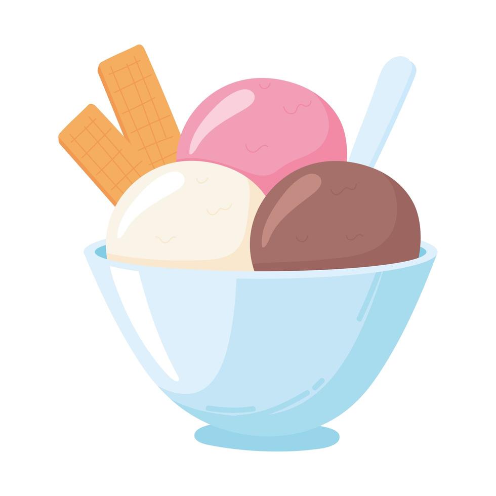 scoops ice cream in bowl, milk dairy product cartoon icon vector