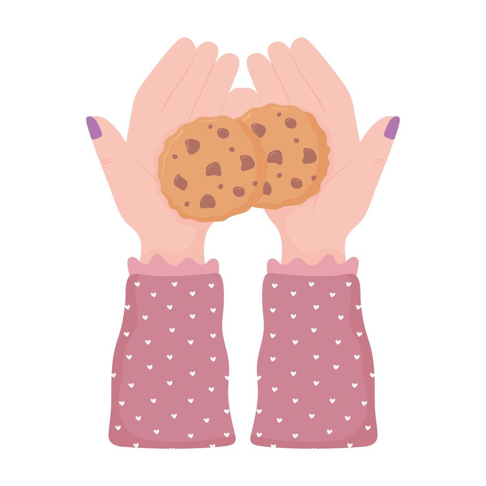 female hands with cookies cartoon top view vector