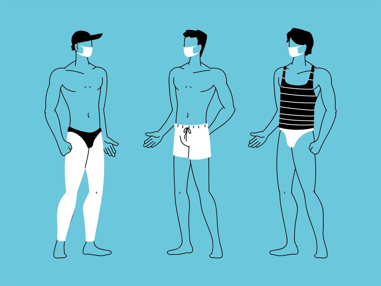 hombres en la playa con mascarilla vector