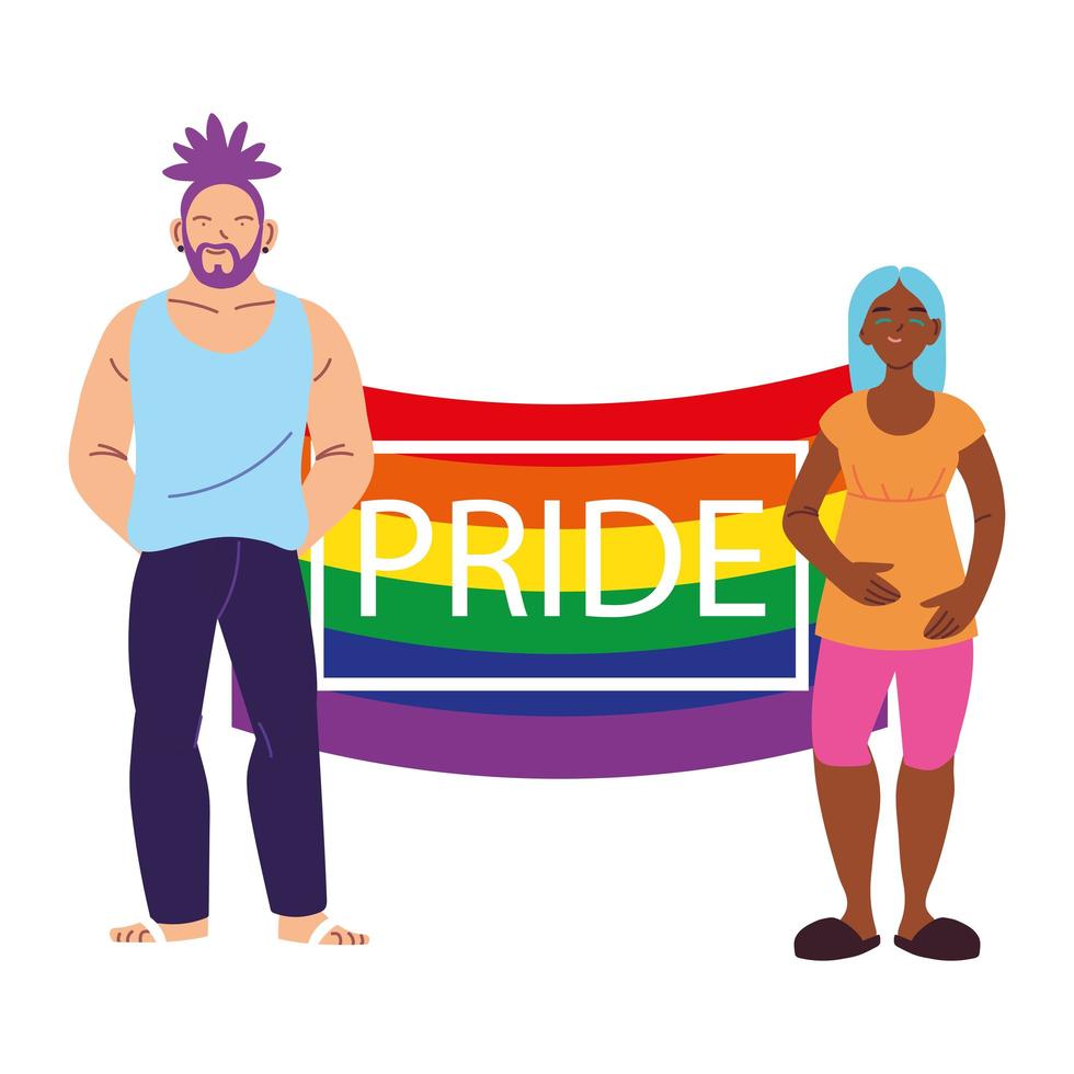 personas con bandera del orgullo lgbtq, igualdad y derechos de los homosexuales vector