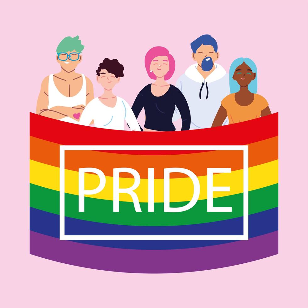 people with LGBTQ pride flag, equality and gay rights vector