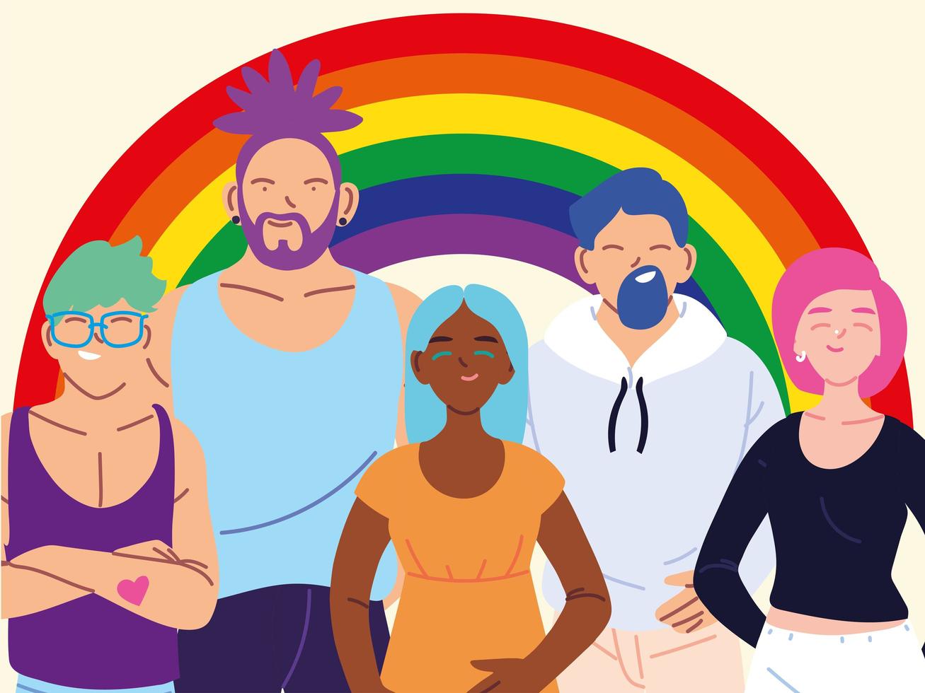 personas con fondo de arco iris, símbolo del orgullo gay vector