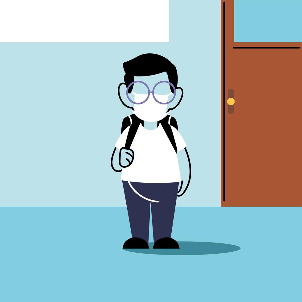 cute boy student wearing face mask vector