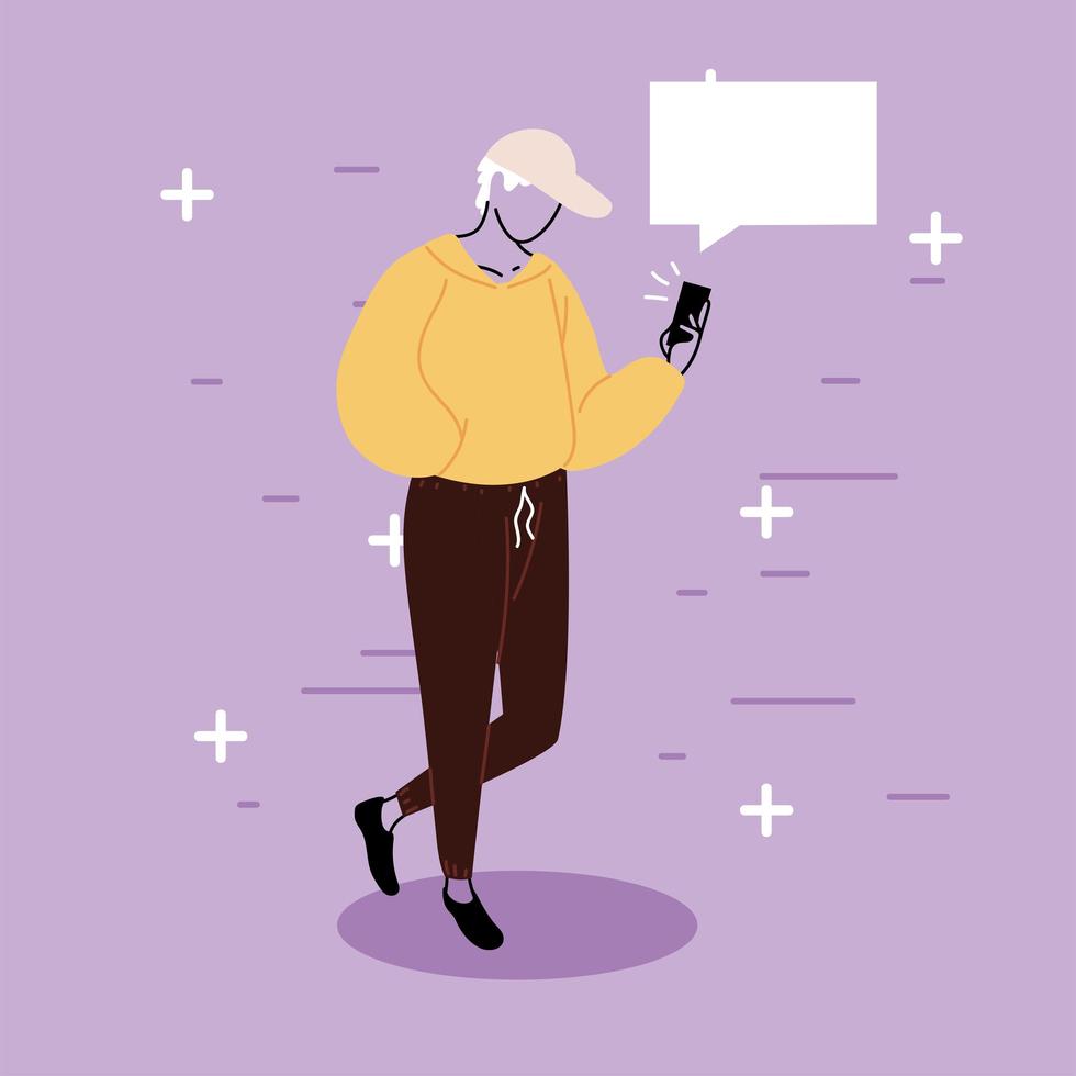 man with smartphone chatting, chat bubble vector