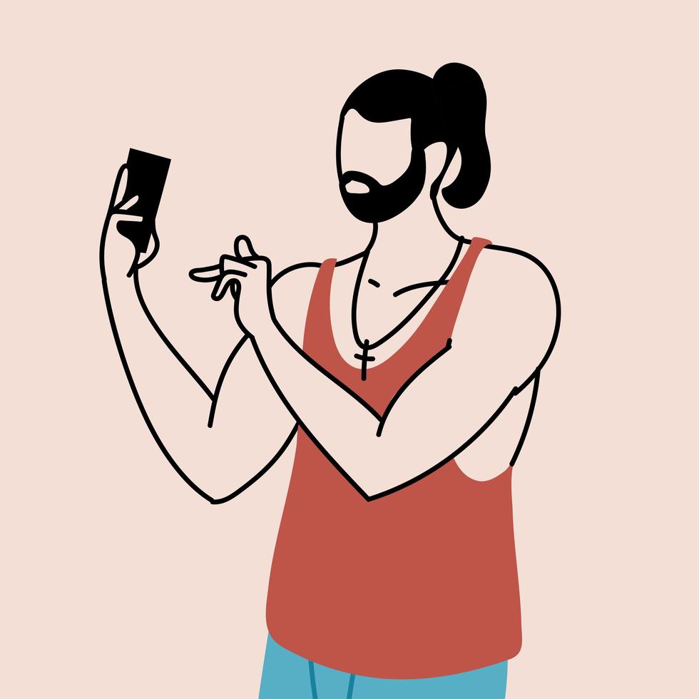 a young man takes a selfie and holds his smartphone in his hand vector