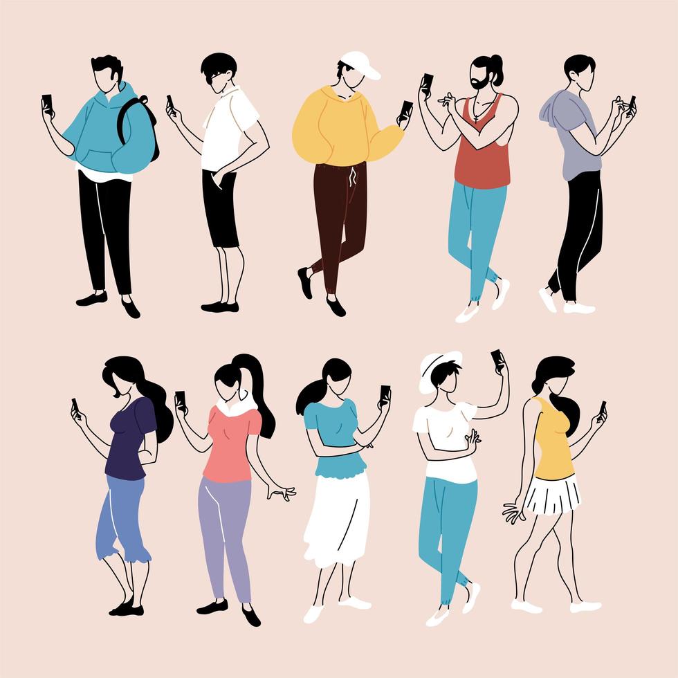 conjunto de personas que usan teléfonos inteligentes, hombres y mujeres con dispositivos móviles vector