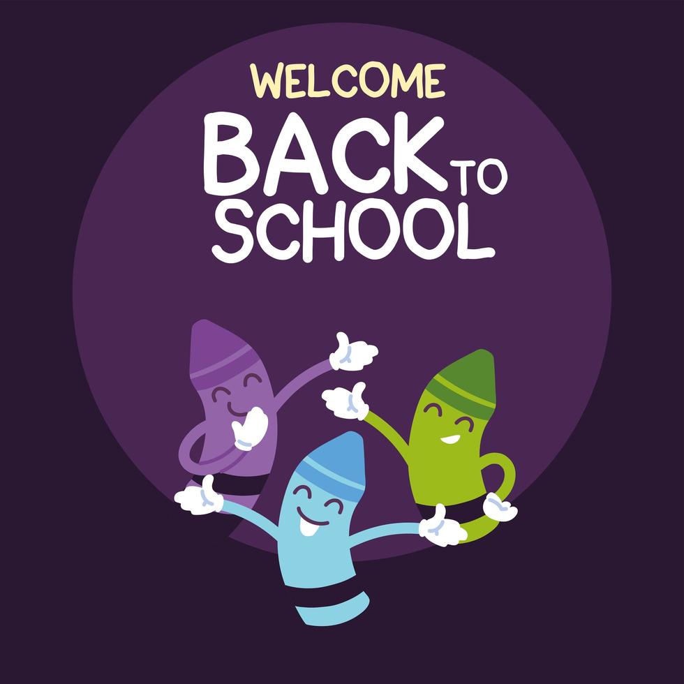 pancarta de regreso a la escuela, plantilla colorida de bienvenida de regreso a la escuela, crayones vector