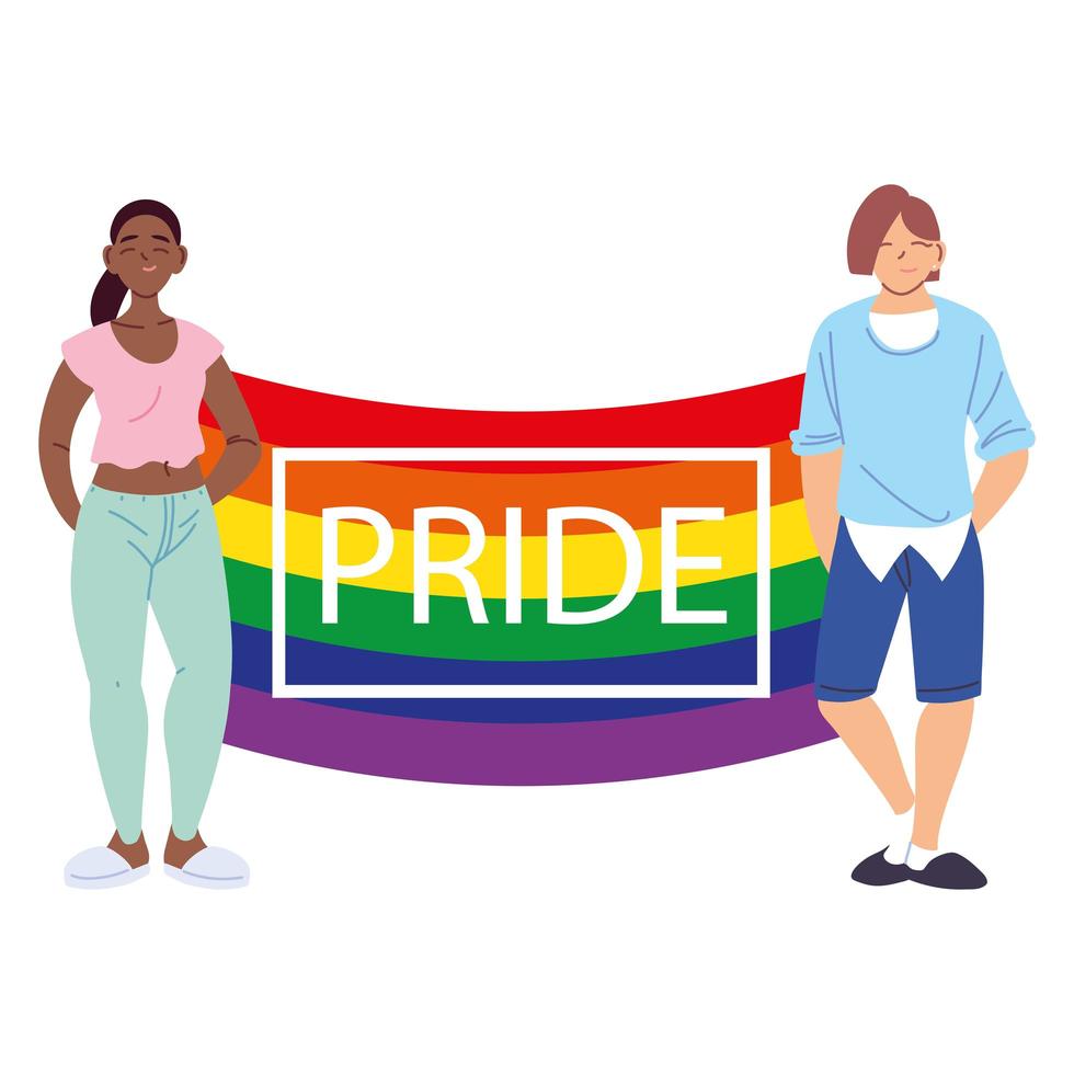 people with LGBTQ pride flag, equality and gay rights vector