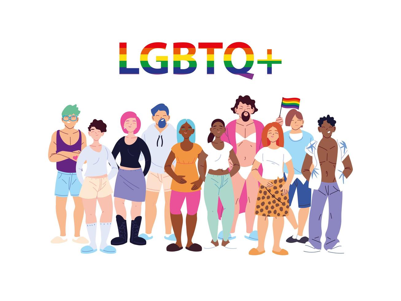 group of people with LGBTQ gay pride symbol, equality and gay rights vector