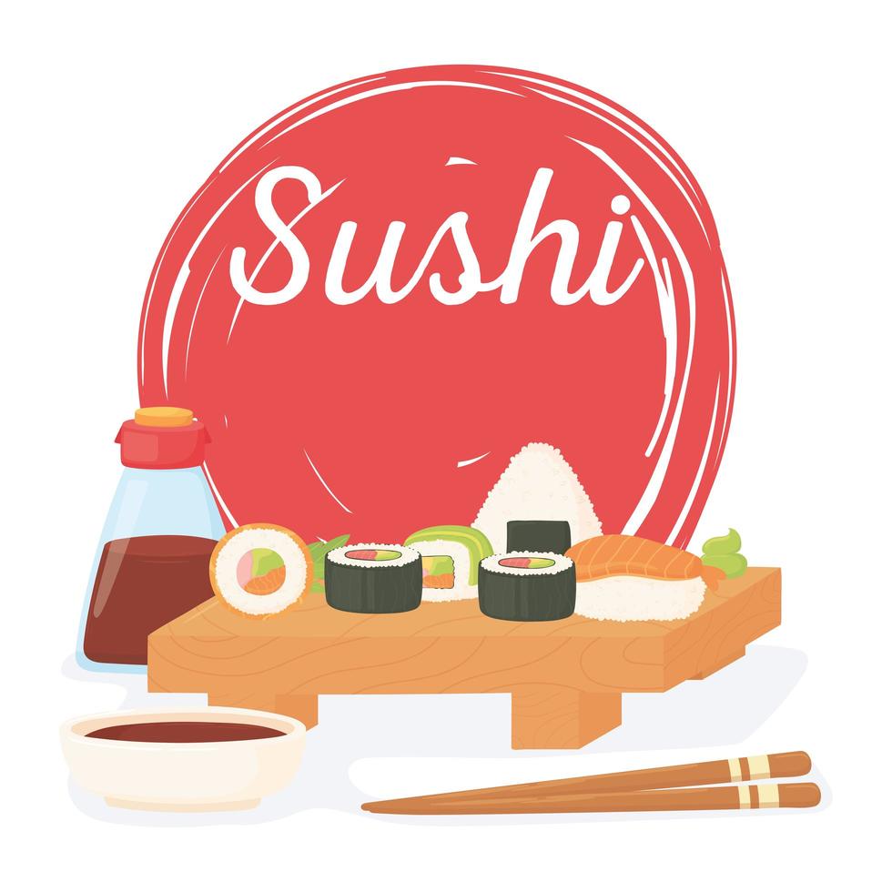 sushi time, rolls sauce japanese traditional cuisine poster vector