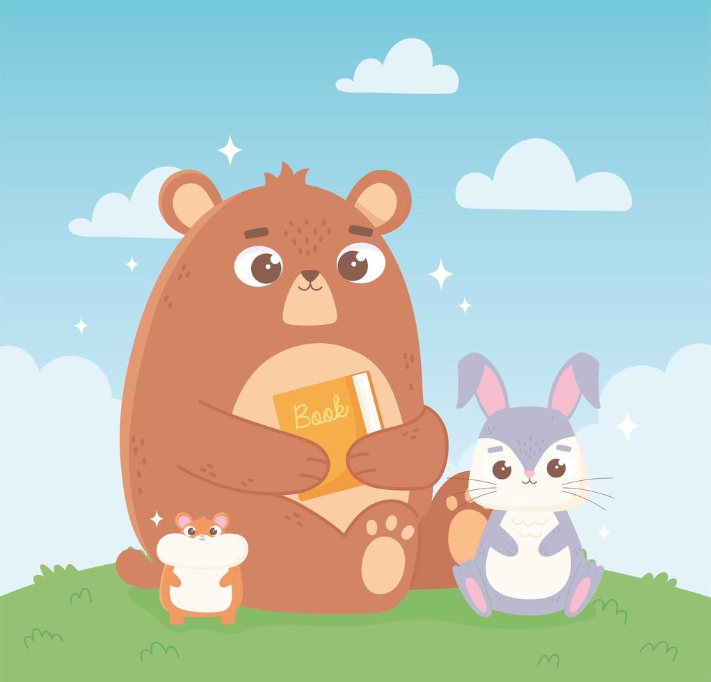 lindo oso con libro y animales de conejo en el campo vector