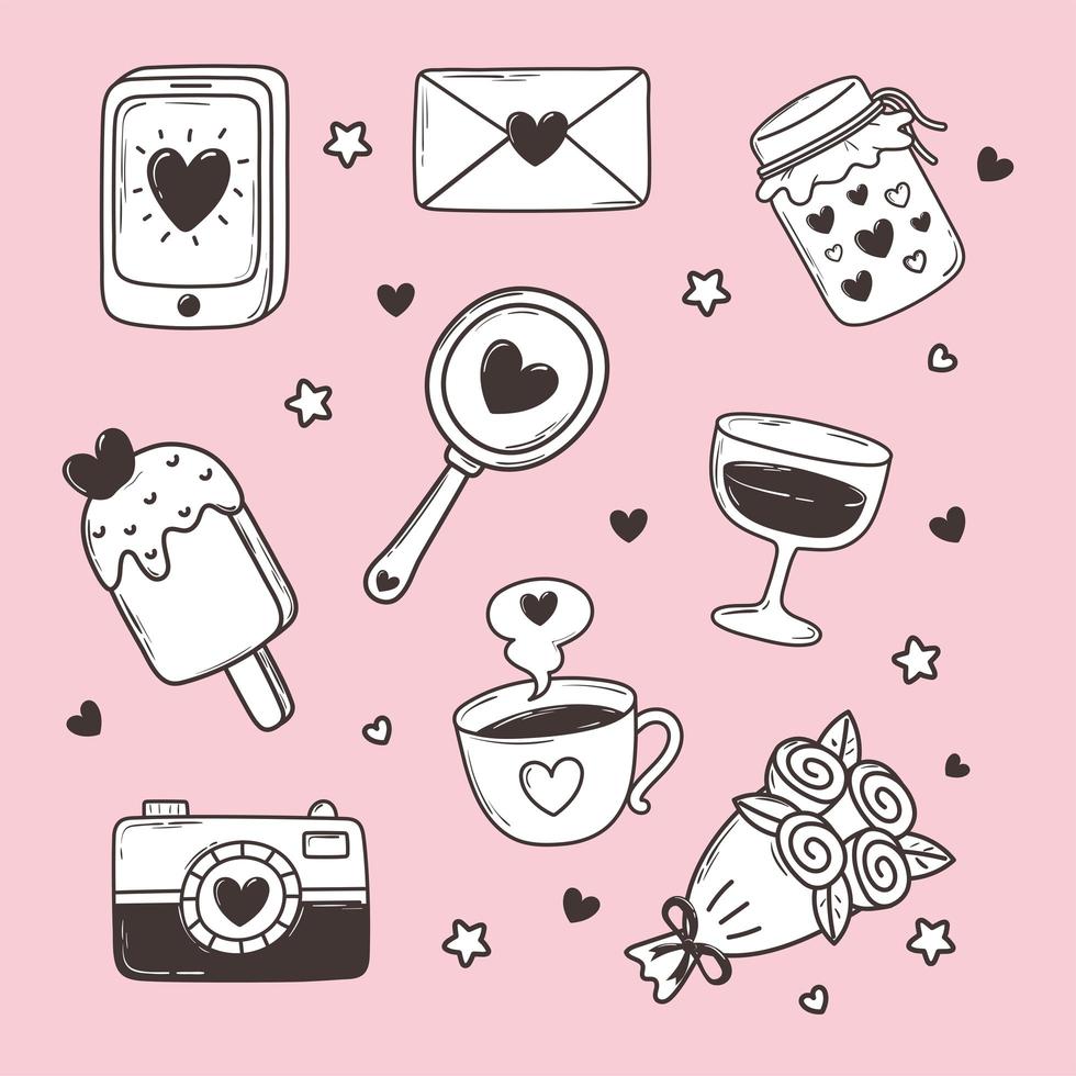 amor doodle conjunto de iconos teléfono inteligente cámara de correo helado espejo flores vector