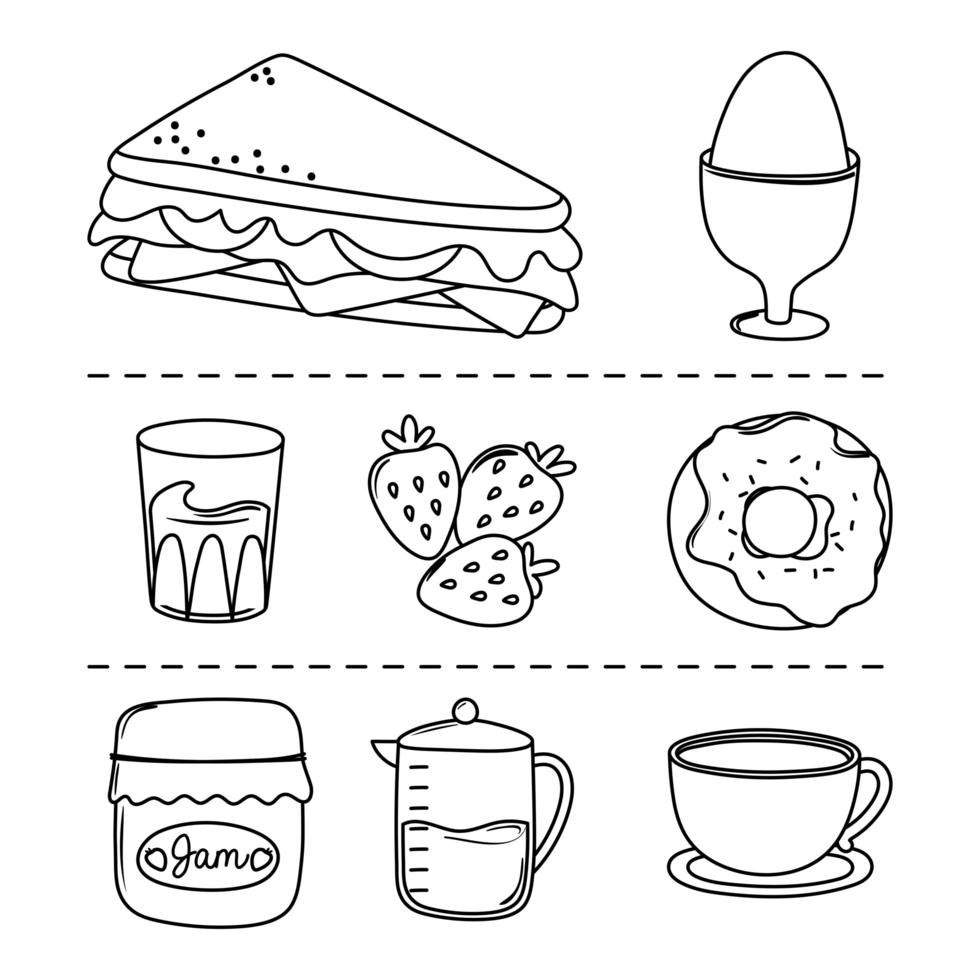 breakfast icons set, sandwich boiled egg juice coffee pot and cup line style vector