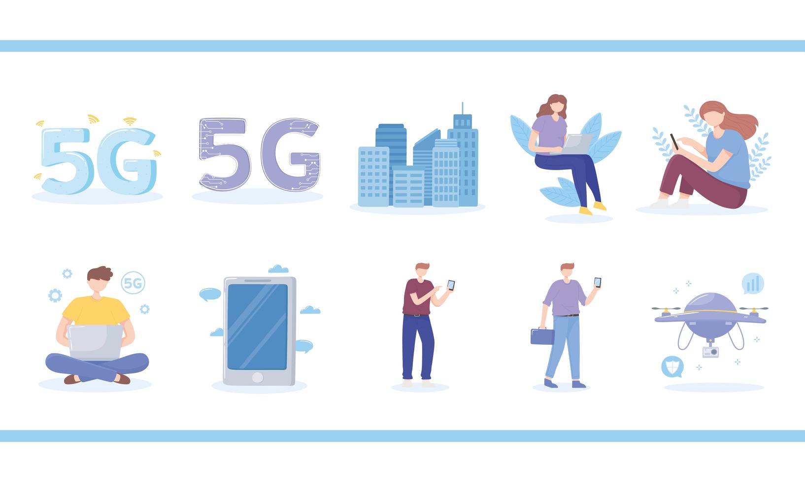 personas que usan internet 5g, tecnologías innovadoras, iconos de conexión rápida vector