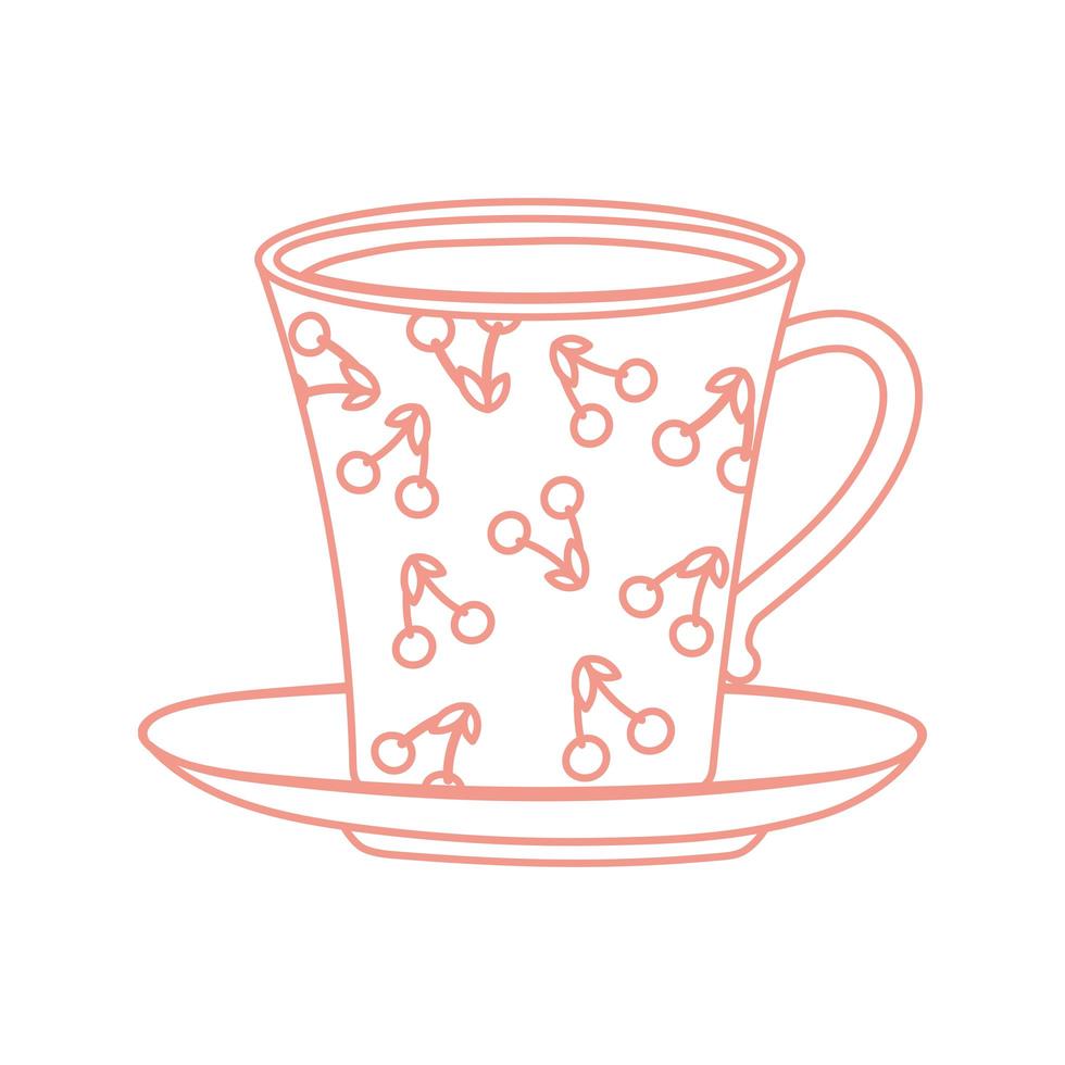 tea and coffee cup with cherries painted icon line style vector