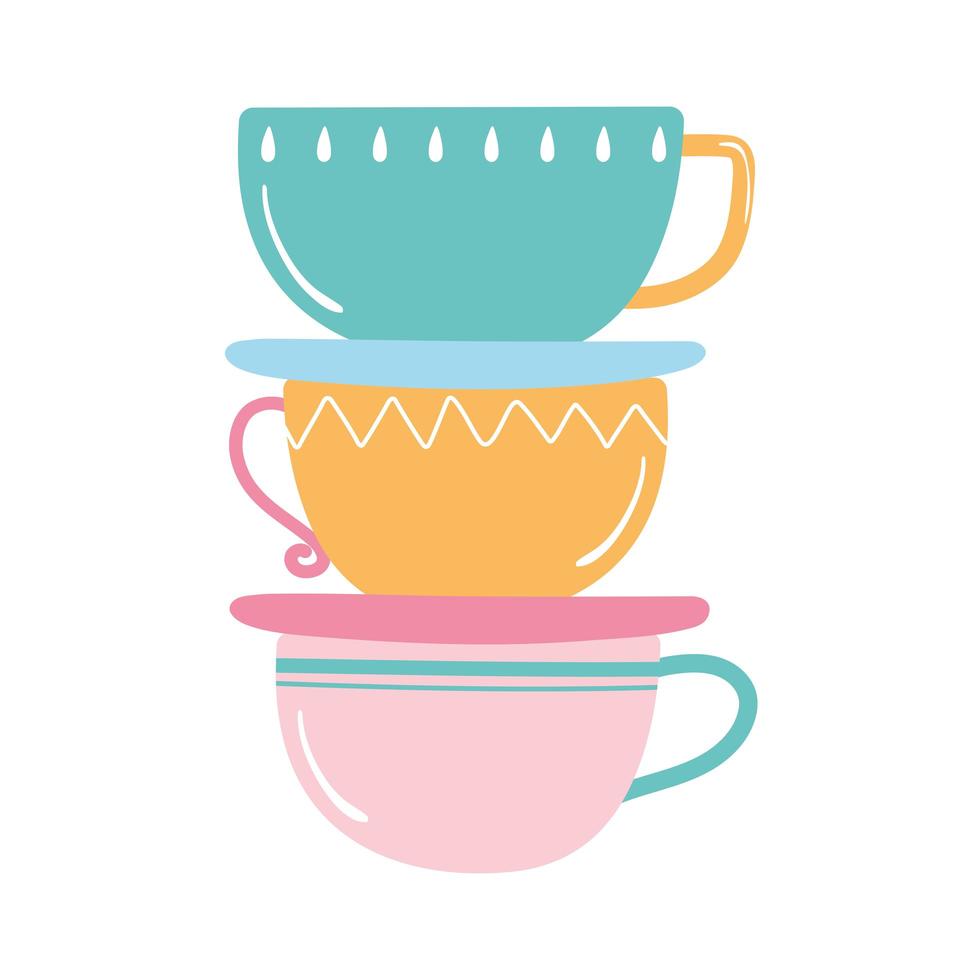 Pila de té y café de icono de tazas de colores sobre fondo blanco. vector