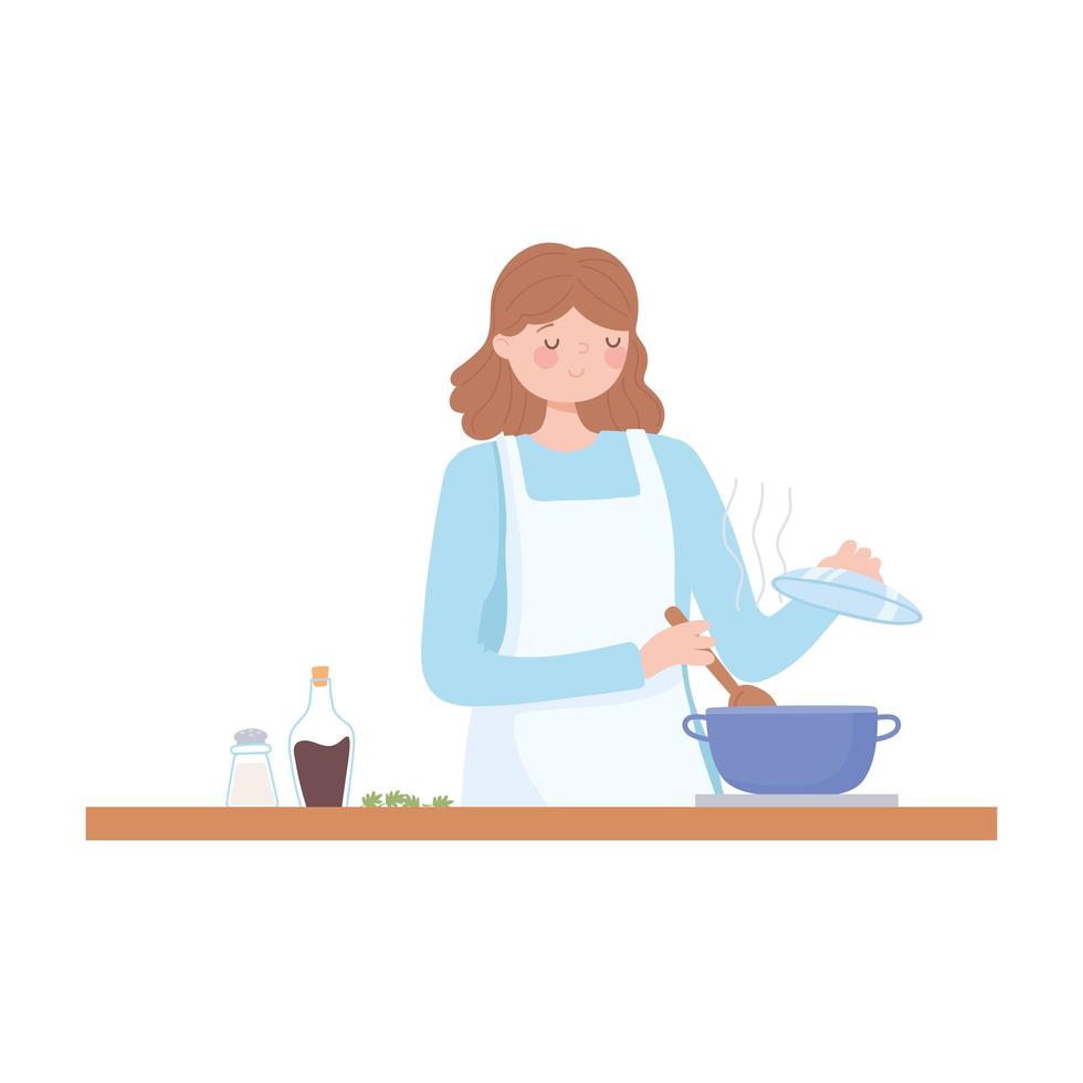 Chef femenina preparando comida con olla en la estufa de dibujos animados de cocina vector