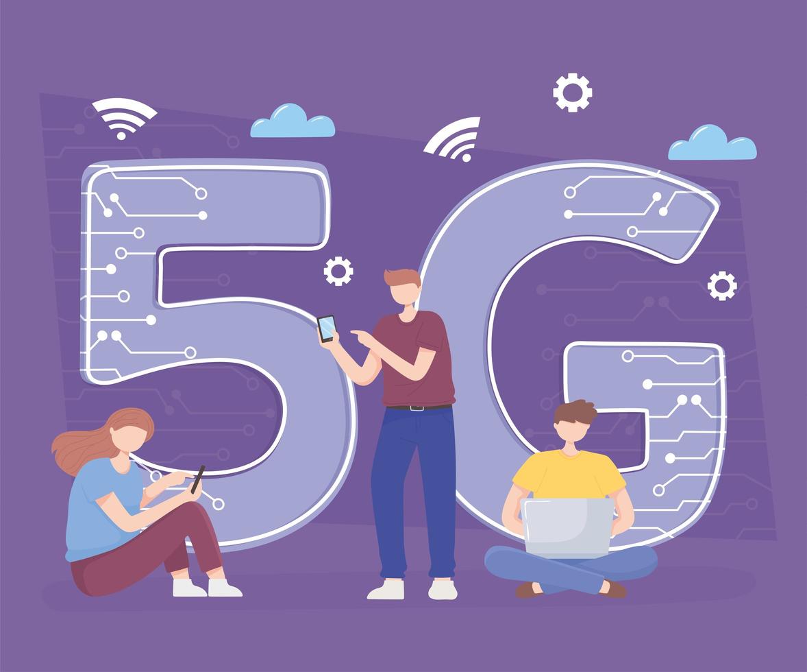 personas que usan teléfonos inteligentes, dispositivos portátiles, tecnología, conexión inalámbrica, generación 5g vector