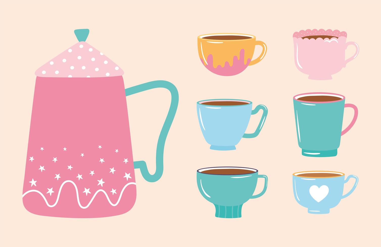 Hervidor de té y café y colección de varias tazas. vector