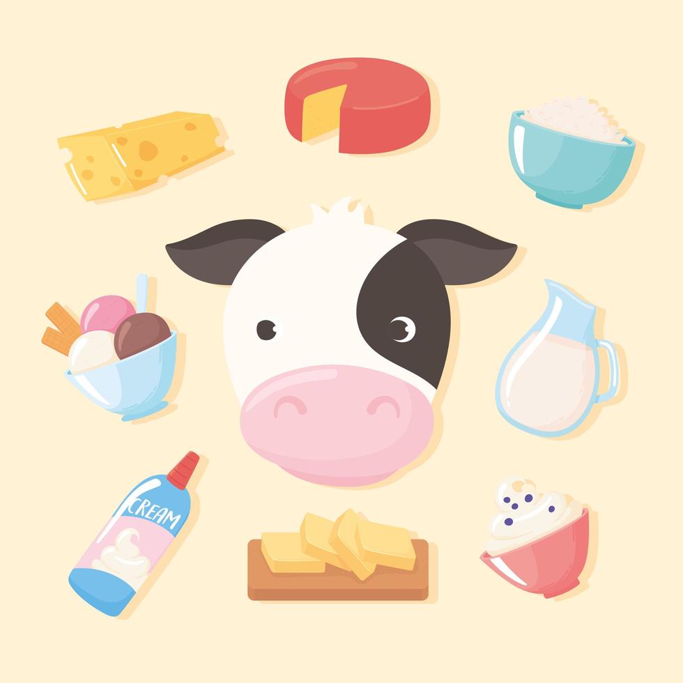 conjunto de iconos de dibujos animados de lácteos de leche crema de queso de vaca helado de mantequilla vector