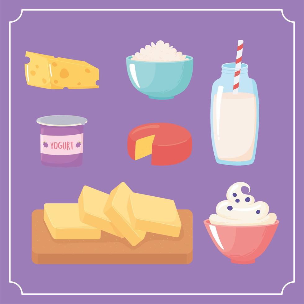 conjunto de iconos de dibujos animados de productos lácteos de leche queso yogur mantequilla bebida vector