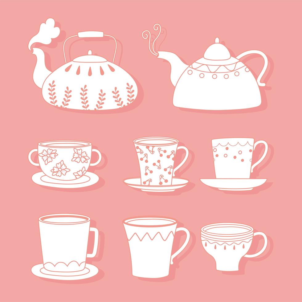 tea and coffee teapots, cups, kettles different, line style vector