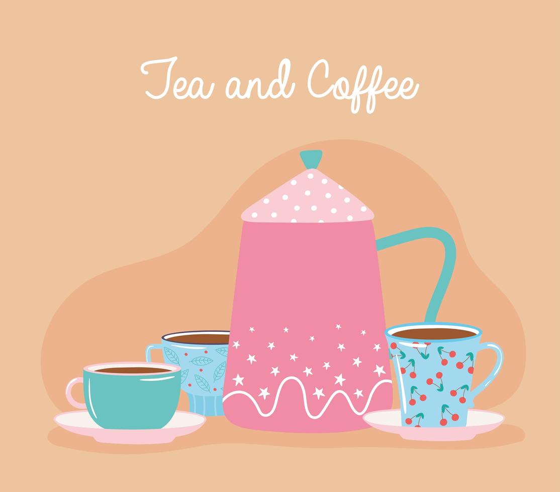 tea and coffee kettle with decorative cups beverage vector