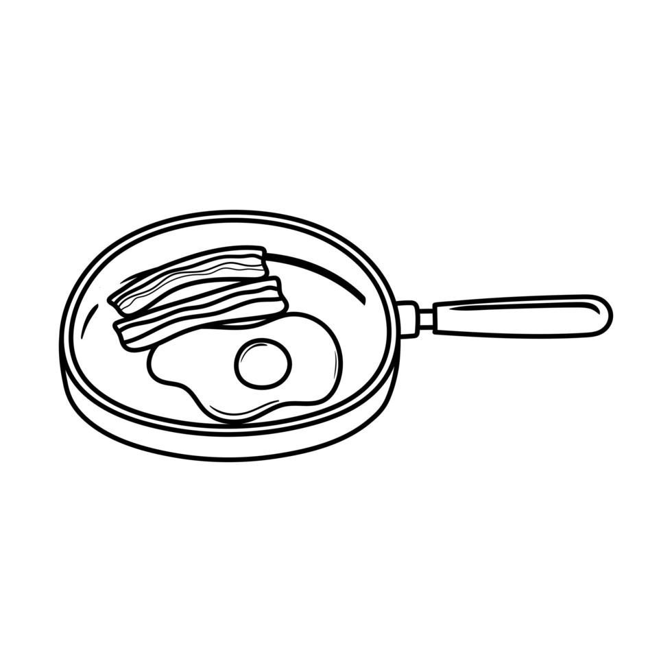 breakfast fried egg and bacon in saucepan, appetizing delicious food, icon line style vector