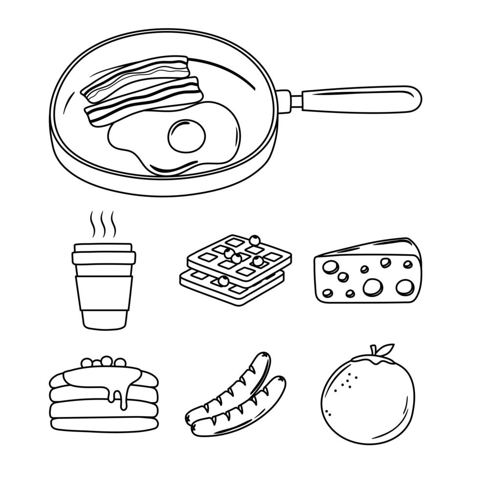 breakfast icons set, fried egg and bacon in saucepan, coffee orange pancakes line style vector