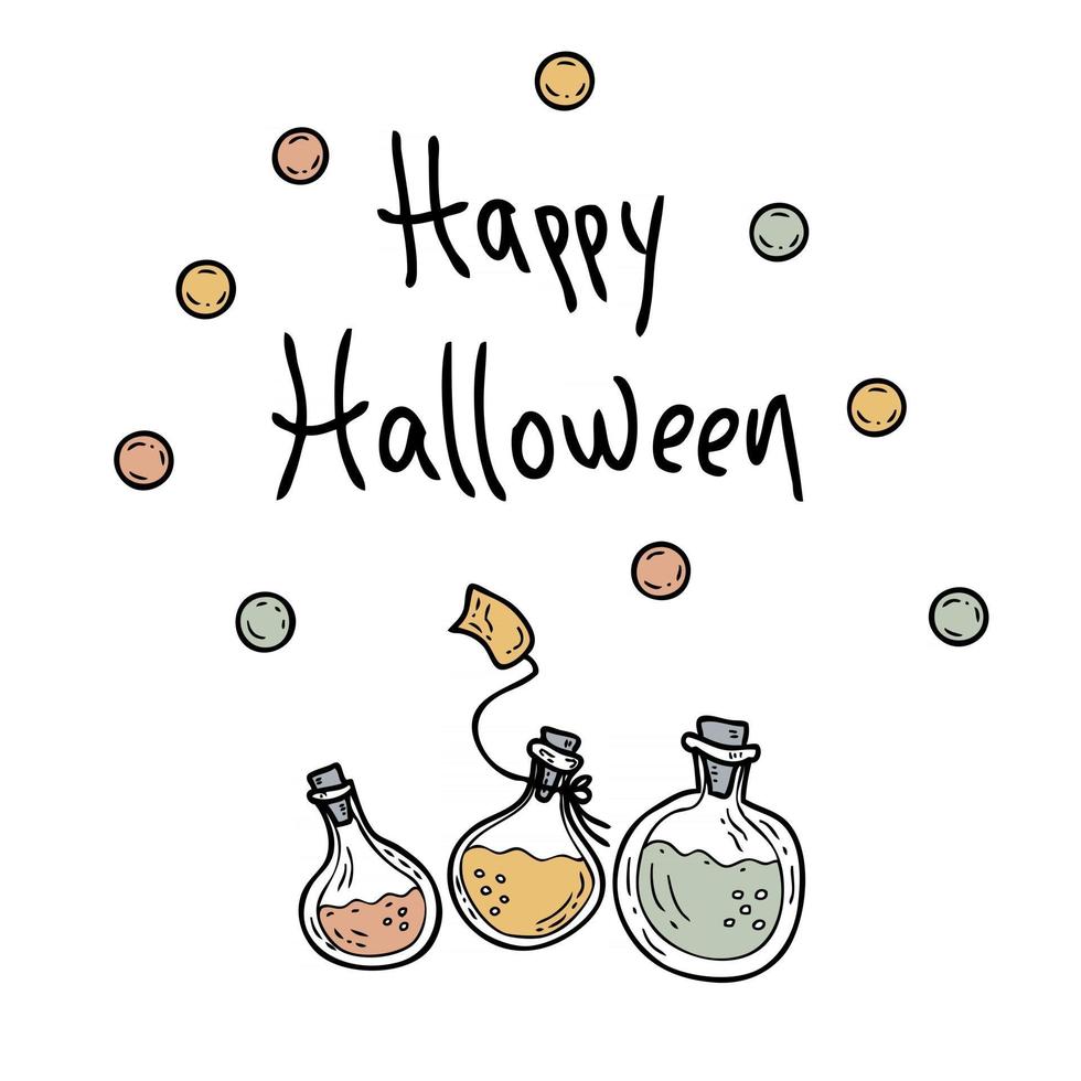 Happy Halloween drawing of magic potions with inscription doodle style hand drawn vector illustration