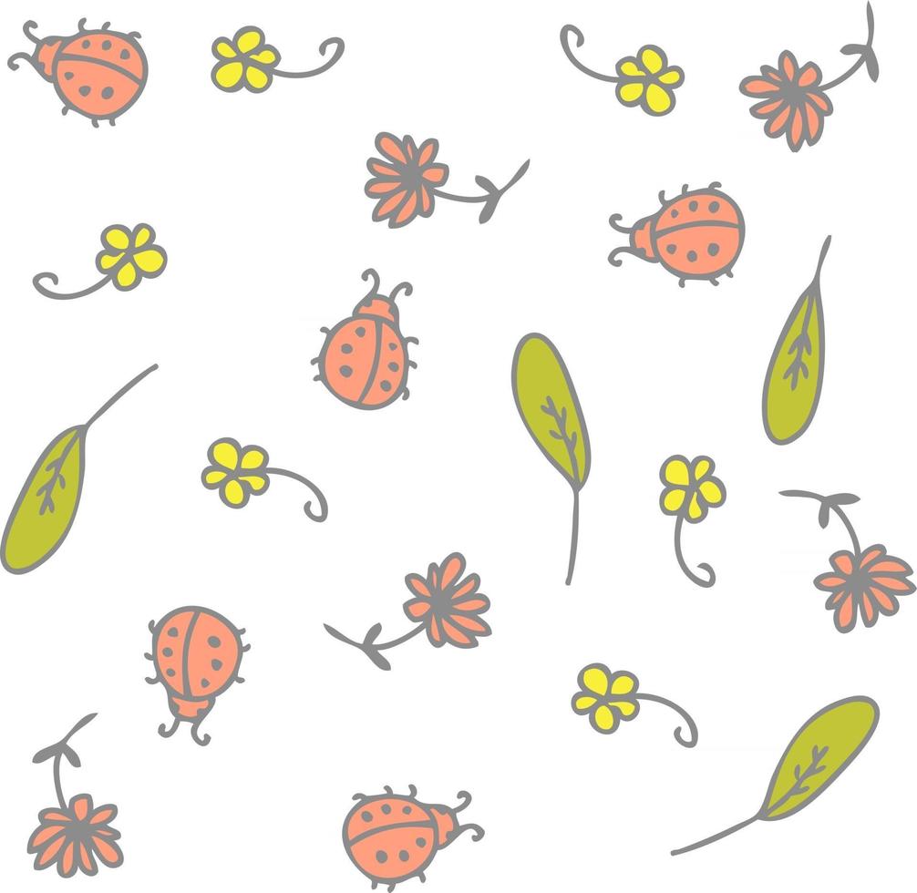 vector, patrón, de, lindo, mariquitas, flores, y, hojas vector