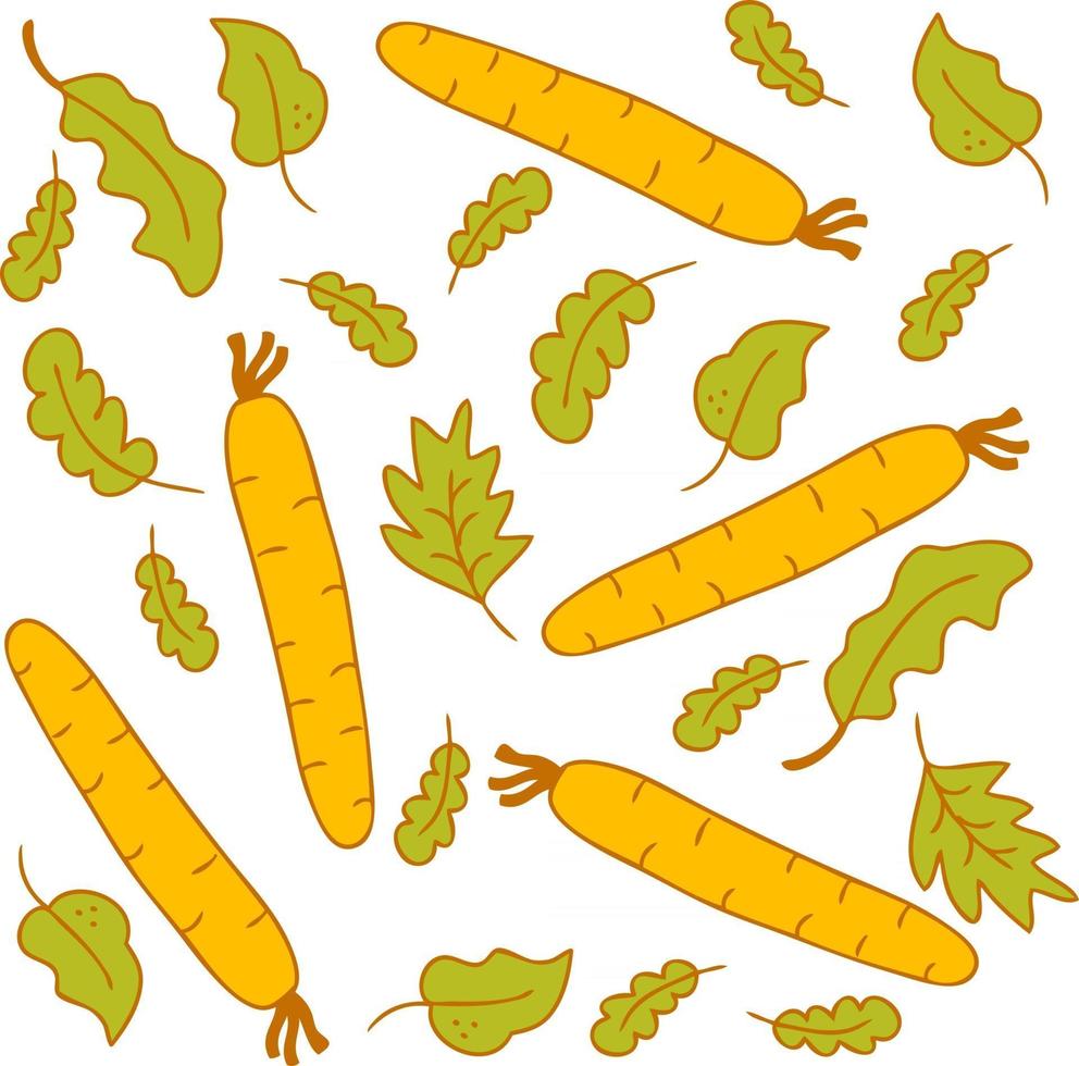 Vector pattern in delicate summer colors, vegetables carrots and salad lettuce leaves