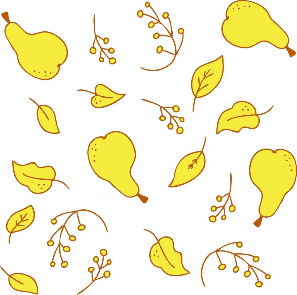 Vector pattern of bright yellow juicy pears leaves and branches of berries