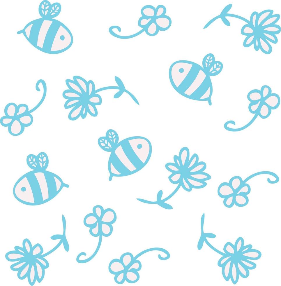 Vector pattern of cute bees and flowers in blue tones