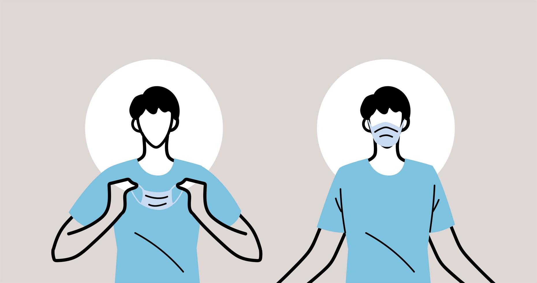 how to wear a mask correct, men presenting the correct method of wearing a medical mask vector